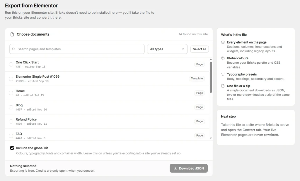 Export Elementor JSON