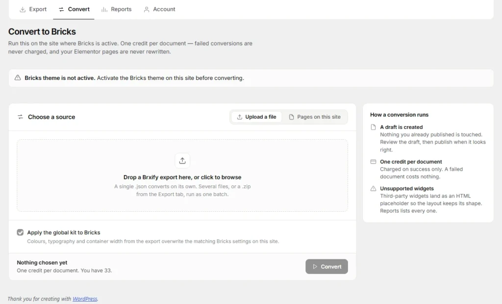 Convert Elementor JSON to Bricks Page
