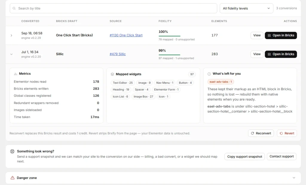 Review the imported or converted bricks page and publish